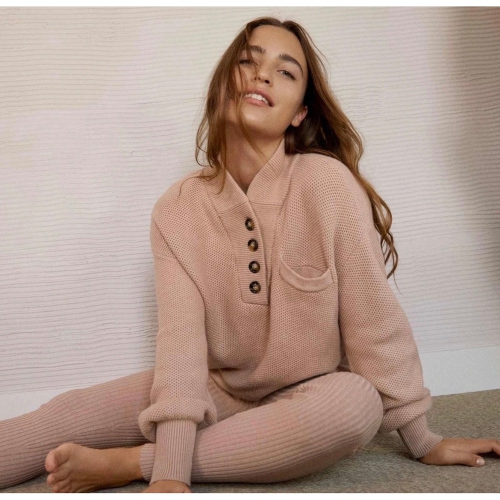 Lunya Waffle Henley Pocket Sweater XS Small Organic Cotton Silk Pink Loungewear